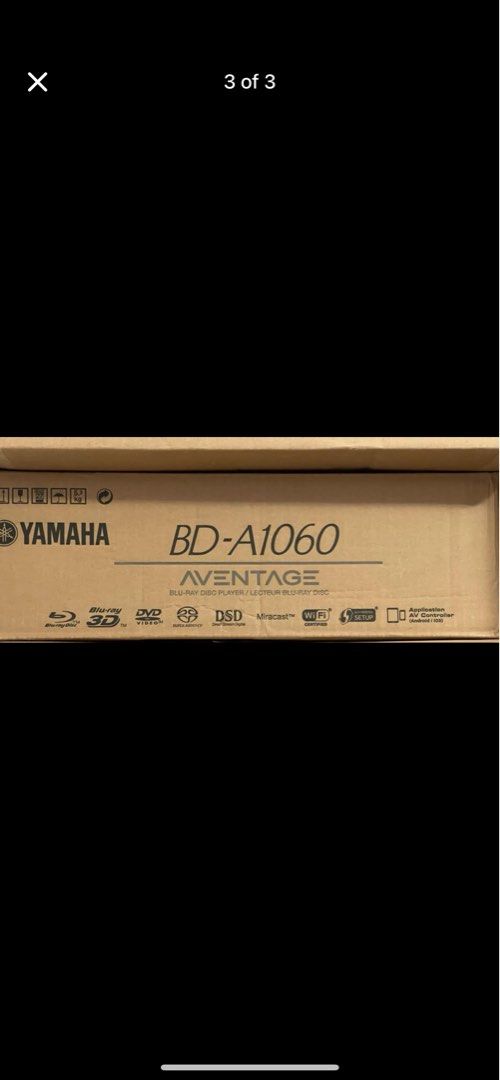 Yamaha BD-A1060 Aventage Blu-ray Disc Player (Category: Blu-Ray & Media Players) located in Davao. Submitted by shlenscloset0900 (Listing ID 1460328808, Image 3). Description: - Yamaha BD-A1060 Aventage Blu-ray Disc Player - Plays Blu-ray, DVD, and CD discs - Supports 3D, DVD Audio, DSD, Miracast, and WiFi - Includes remote control - Ideal for enhancing your home theater experience Supports SACD discs plus file formats such as MP3, WMA, AAC, WAV,