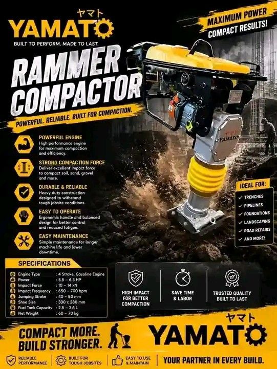 YAMATO Rammer Compactor - Powerful Engine, High Compaction Force (Category: Construction Tools & Equipment) located in Cabuyao City. Submitted by emmanz1133 (Listing ID 1460305635, Image 1). Description: - YAMATO Rammer Compactor for sale - Powerful 4-stroke gasoline engine - Maximum compaction for soil, sand, and gravel - Heavy-duty construction for tough jobs - Ergonomic handle for comfortable operation - Easy maintenance for longevity - Ideal 