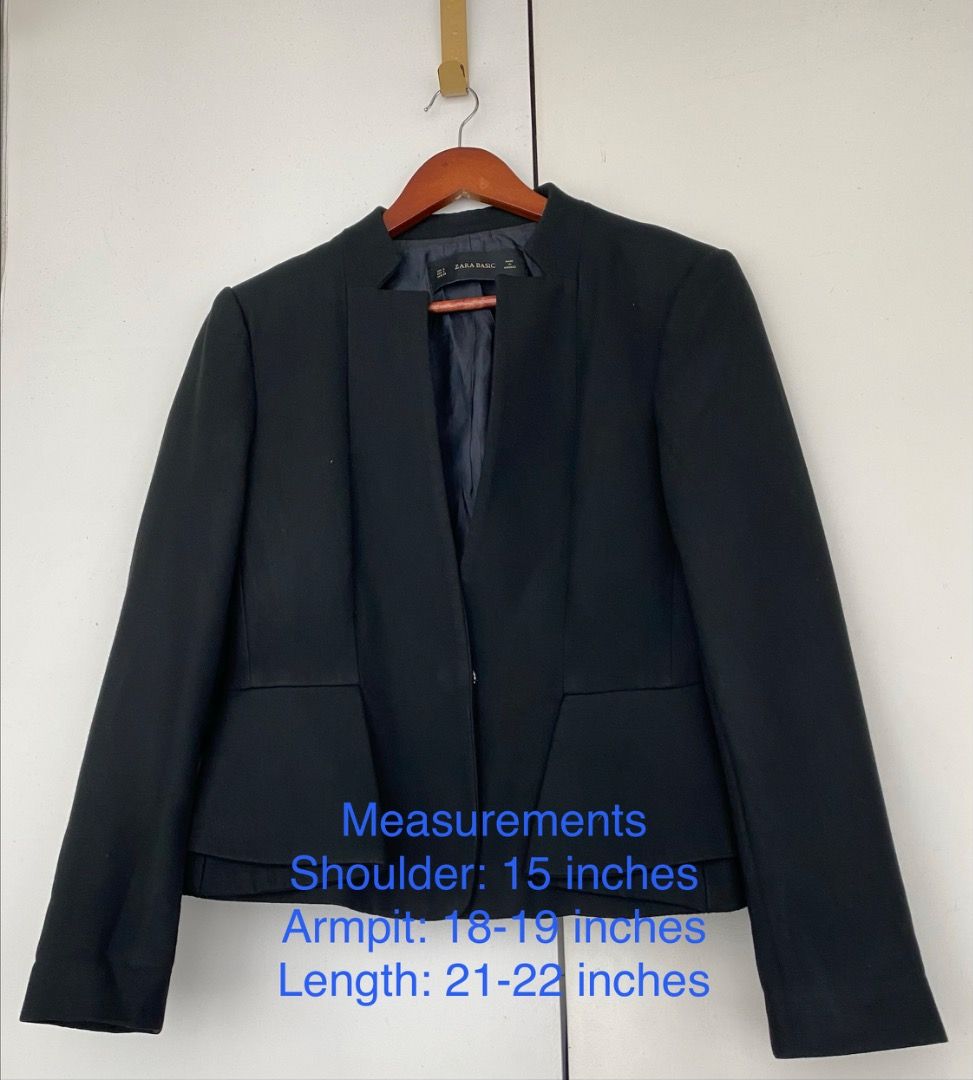 Zara Basic Black Peplum Blazer (Category: Coats, Jackets and Outerwear) located in Makati City. Submitted by roseaiscloset (Listing ID 1460383248, Image 2). Description: - Zara Basic Black Blazer - Collarless design - Flattering peplum hem - Single button closure - Sharp look for work or going out - Measurements: Shoulder 15", Armpit 18-19", Length 21-22" - Essential staple piece for any wardrobe.