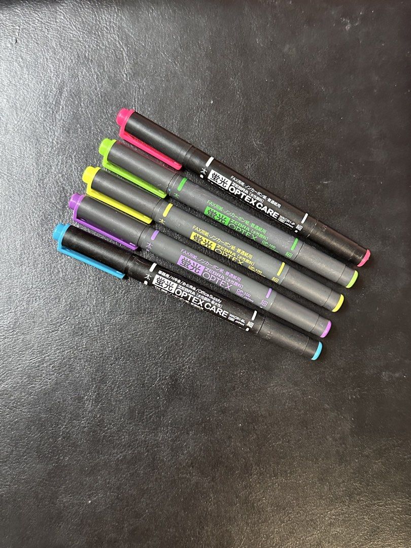 Zebra Optex Care Highlighter Set (Category: Stationery & School Supplies) located in Santa Rosa. Submitted by shop818 (Listing ID 1460348958, Image 2). Description: 130 each on shoppee Used for swatching only - Set of 5 Zebra Optex Care highlighters - Colors included: Pink, Lime Green, Yellow, Purple, Blue - Ideal for studying and organizing notes - Features smooth ink flow for consistent highlighting - Ink is vibrant and clearly visible on paper