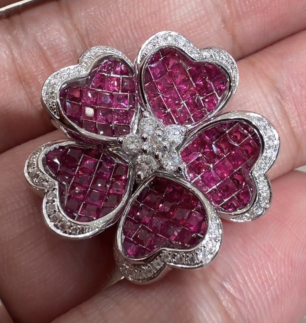 18K White Gold Floral Ruby and Diamond Ring (Category: Rings) located in Las Pinas. Submitted by houseofgems0 (Listing ID 1460539022, Image 3). Description: Details: - 18K White Gold | 14.2 grams - Size: 6.5 - 61 round brilliant-cut natural diamonds - 105 princess-cut natural rubies - Total Carat Weight (dia): .45ct - Total Carat Weight (ruby): 5.7ct - PRICE: ₱215,000 💎 All items are 100% AUTHENTIC/PAWNABLE. 💎 LAYAWAY AVAILABLE Send us a messag