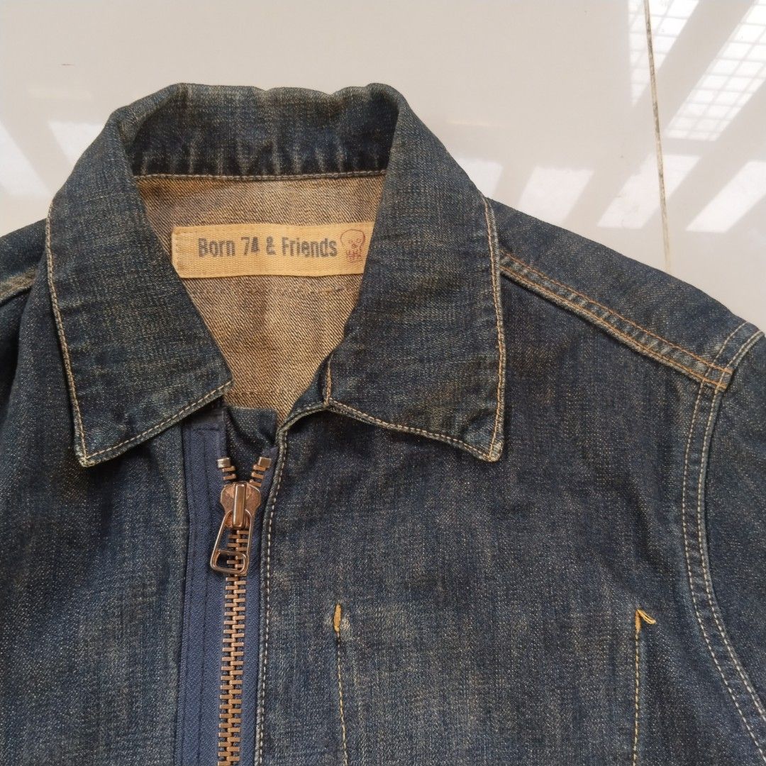 2000s born 74 and friends zip denim jacket (Category: Coats, Jackets and Outerwear) located in Davao. Submitted by stealgrail (Listing ID 1460584540, Image 2). Description: Authentic born 74 & friends denim zip jacket Medium 21 by 28 Excellent condition Authentic denim Mine 2,380.00 free shipping 🫶 "All product names, logos, and brands are property of their respective owners. I do not claim ownership of any registered trademarks" Admin R 📍 Isla