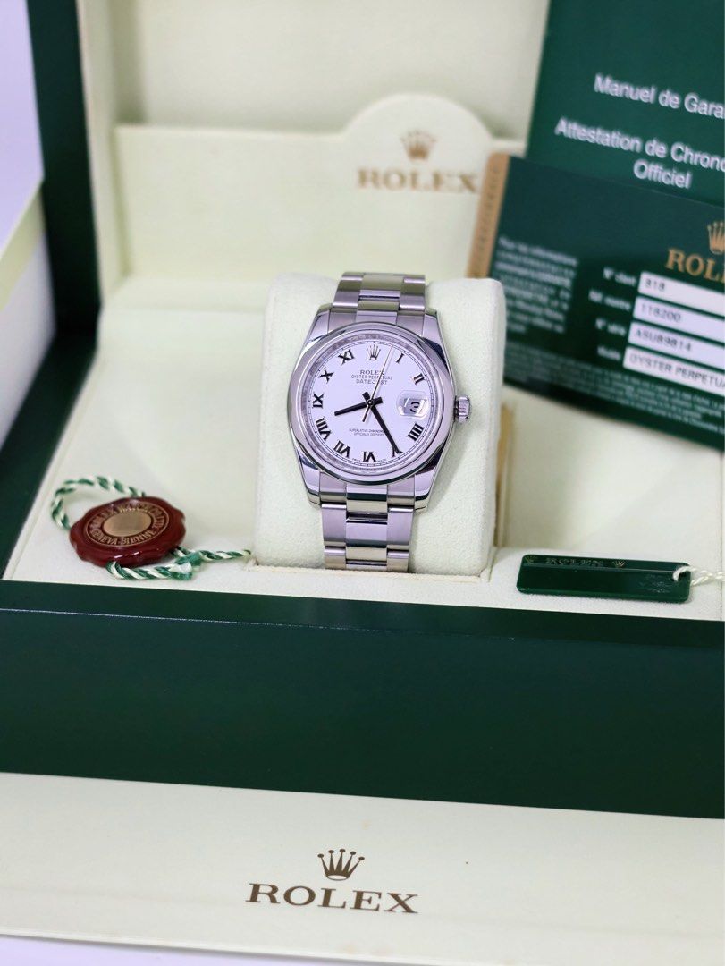 2012 Rolex Datejust 36 White Roman Dial (Category: Luxury Watches) located in Manila. Submitted by airojardin (Listing ID 1460712158, Image 3). Description: 2012 Rolex Datejust 36 White Roman Dial Ref. 116200 Complete Set (Local AD) Condition: 9.8/10 Price: PHP 408,000 (slightly negotiable) Open to trade offers Meet-ups within Metro Manila (Greenhills preferred) Open for authentication at any reputable service center.