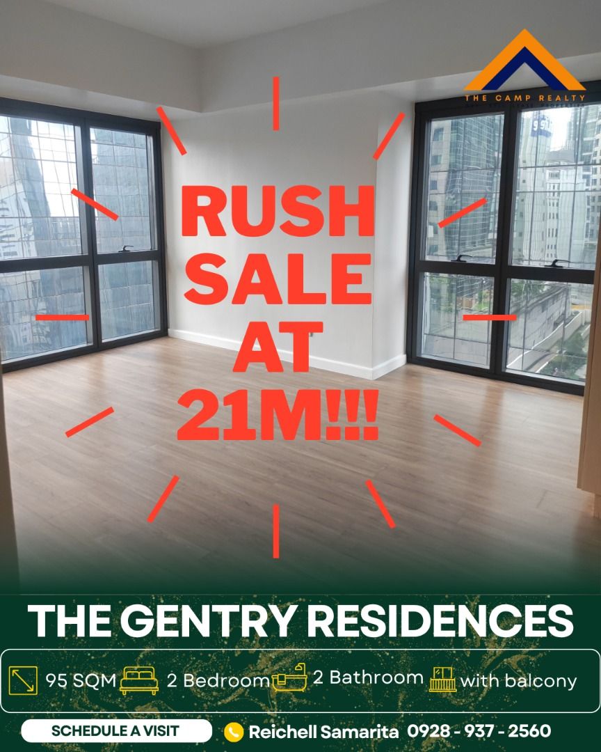 21M Gentry Residences 2 Bedroom (Category: Apartments & Condos) located in Mandaluyong City. Submitted by reichell_camprealty (Listing ID 1460108178, Image 1). Description: Gentry Residences 35th Floor 2BR - 95 sqm Brandnew Clean Title Lowest at 21M - with Balcony -with Maidsroom with own toilet and bath -with storage room -with 3 level retails connected too the building Parking available (optional) Tandem Parking 2M (nego) message me: Reichell S
