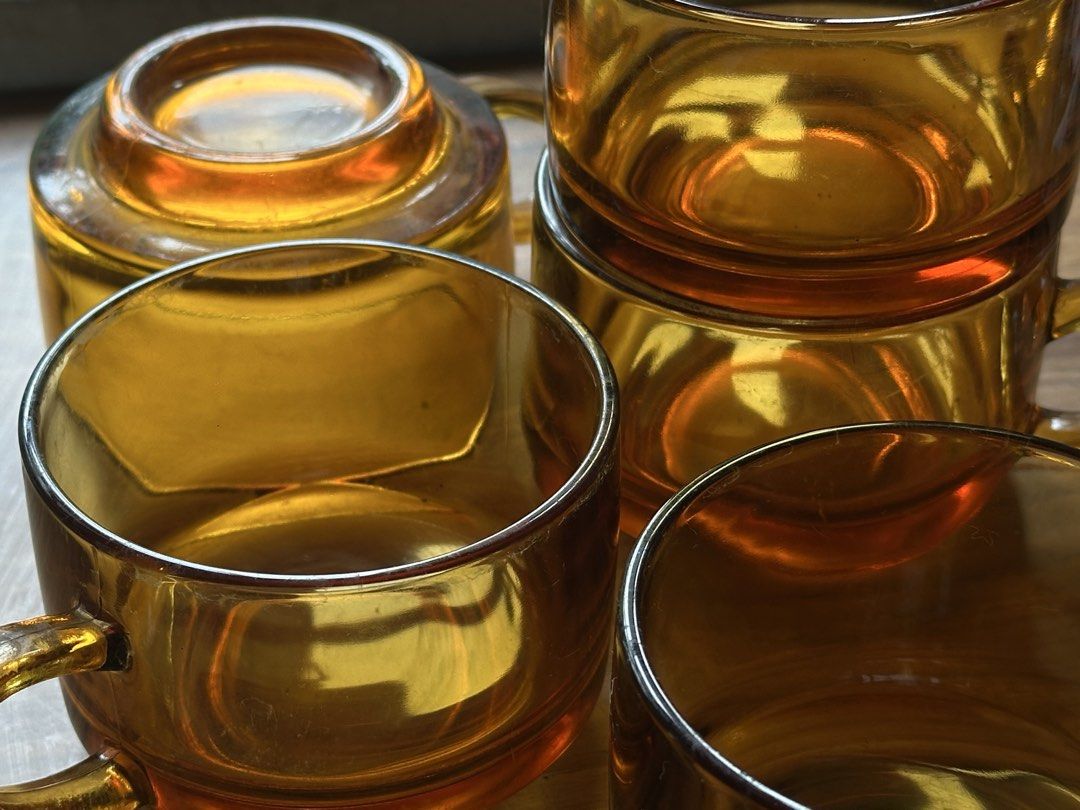 5 pcs stackable Amber glass mug (Category: Other Kitchenware & Tableware) located in Manila. Submitted by declutterkitten (Listing ID 1460620855, Image 2). Description: No damage only water stain easily removed with vinegar .