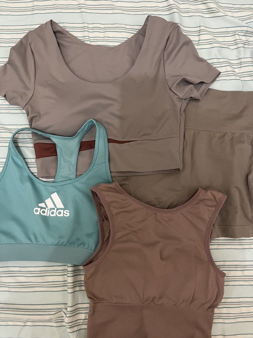 Activewear bundle (Category: Activewear) located in Tuguegarao City. Submitted by declutterf (Listing ID 1460586284, Image 1). Description: fits XS-S, brown tops with pads Everything must go :) Workout tops with adidas sports bra.