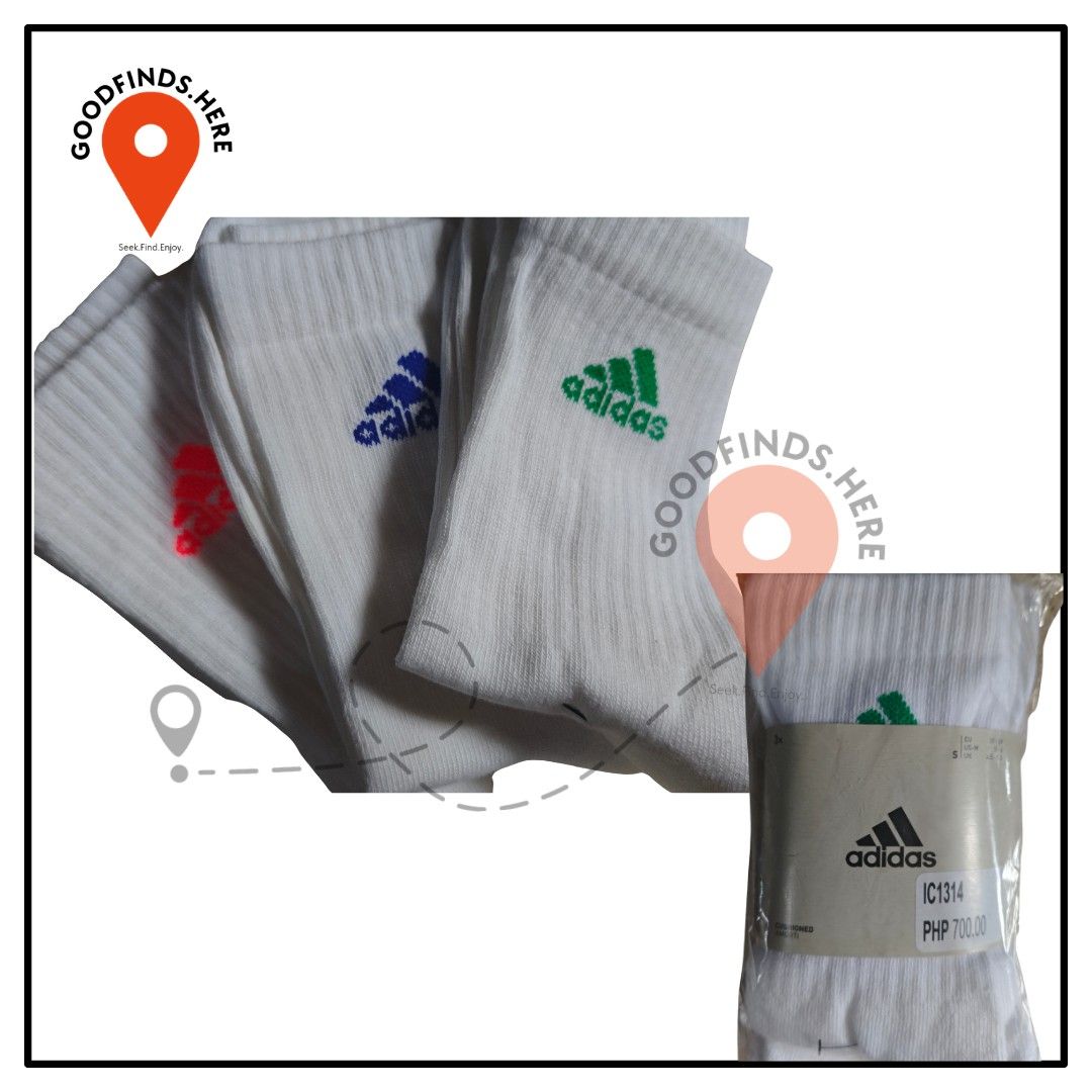 Adidas Cushioned Crew Socks (Category: Socks) located in Pasig City. Submitted by goodfinds.here (Listing ID 1460618642, Image 1). Description: Adidas Cushioned Crew Socks (SMALL 37-39) colors: ▪️Blue ▪️Green ▪️Neon ₱150 each pair or 400 for 3 pairs 👉Send us a message for actual pictures of item 🚚Pick up (Maybunga Pasig) or Shipping via grab/lalamove/mr.speedy or gogo express ONLY at buyer's risk and expense. 💰MOP: Gcash/Maya/GoTyme/ Metrobank
