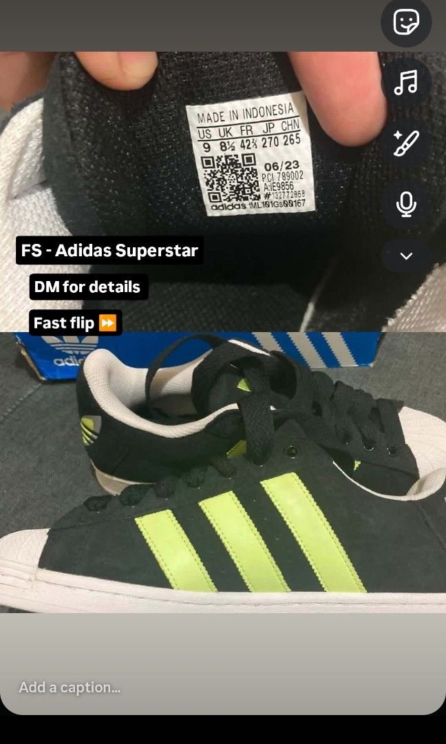 Adidas Superstar Athletic Shoe (Category: Casual Shoes) located in Marikina City. Submitted by charles_059 (Listing ID 1460713899, Image 1). Description: Adidas Superstar Athletic Shoe Color: Core Black / Pulse Lime / Cloud White Accent: Pulse Lime Size: 9 Never been used BRAND NEW DM for interested. Open for inspection and Pick up. Can do lalamove..