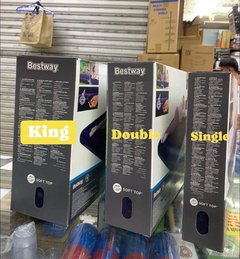 Air bed (Category: Bed Frames & Mattresses) located in Manila. Submitted by nixdcruz (Listing ID 1460681741, Image 1). Description: Bestway pavilon brand Air bed single double queen king manual pump electric pump.