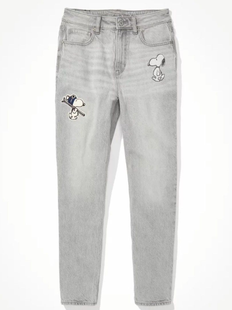American Eagle x Snoopy Grey Mom Jeans (Category: Jeans) located in Iloilo. Submitted by elenmenope (Listing ID 1460526527, Image 1). Description: - Glacier Gray mom jeans - Features cute Snoopy patches on front and back - Perfect for Snoopy fans and casual wear - American Eagle x peanuts collab - like new, no issue.