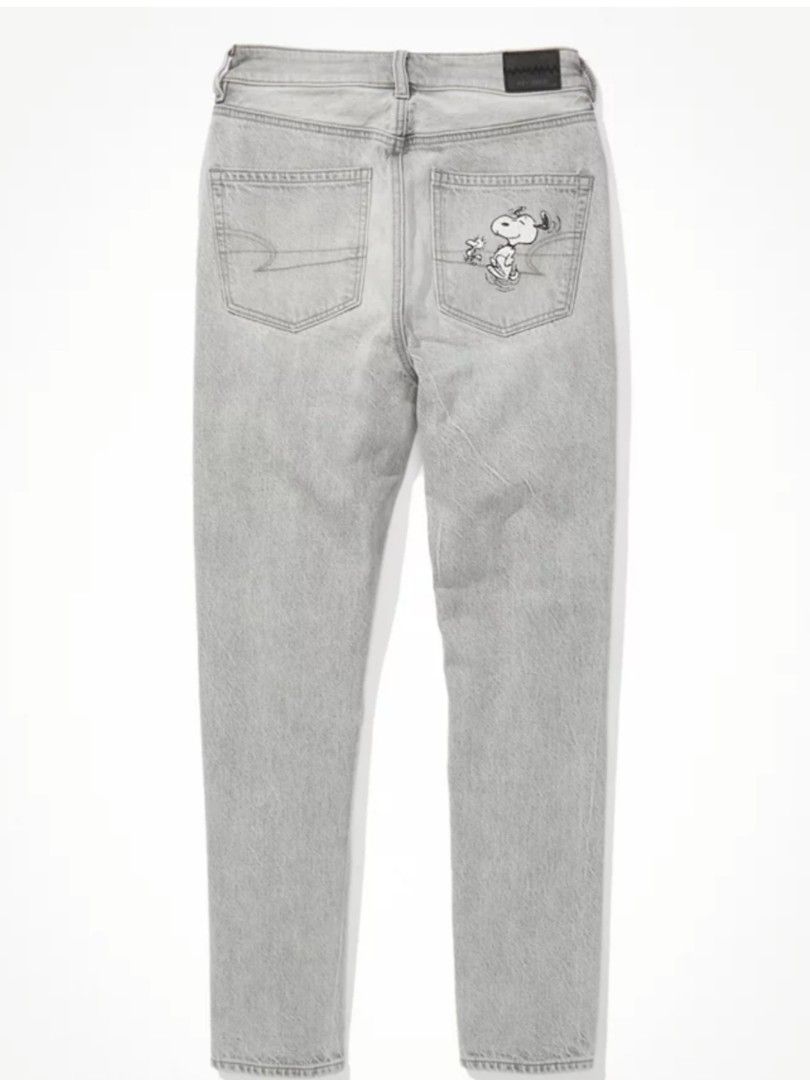 American Eagle x Snoopy Grey Mom Jeans (Category: Jeans) located in Iloilo. Submitted by elenmenope (Listing ID 1460526527, Image 2). Description: - Glacier Gray mom jeans - Features cute Snoopy patches on front and back - Perfect for Snoopy fans and casual wear - American Eagle x peanuts collab - like new, no issue.