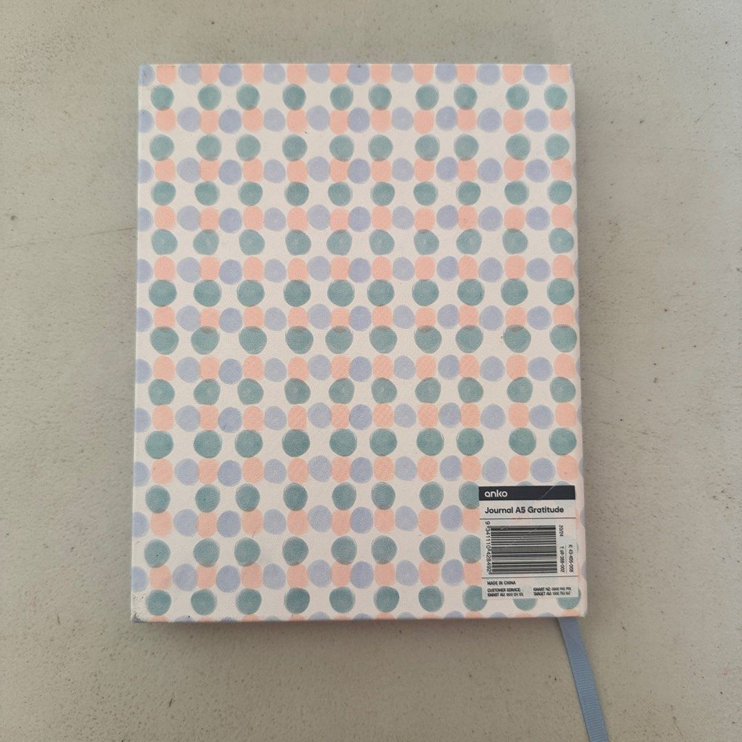 Anko Journal AS Gratitude Notebook (Category: Stationery & School Supplies) located in Cagayan de Oro. Submitted by threaders.cdo (Listing ID 1460538921, Image 3). Description: - Cute polka dot design - 'GRATEFUL' embossed on cover - Daily prompts for reflection, gratitude, and focus - Sections for feelings and happy moments - Includes a ribbon bookmark - Ideal for daily journaling - Anko, Australian brand.