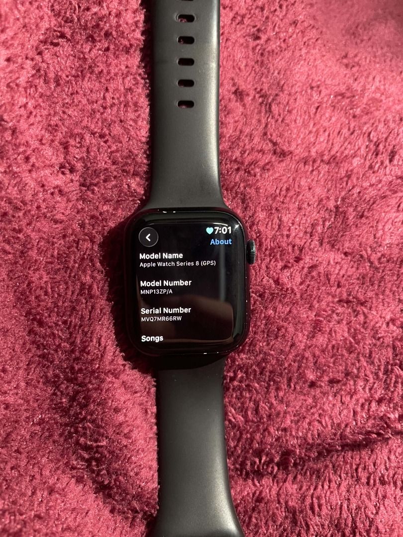 Apple Watch Series 8 (GPS) (Category: Wearables & Smart Watches) located in Caloocan City. Submitted by dragnia (Listing ID 1460626883, Image 3). Description: - Apple Watch Series 8 (GPS) - Model: MNP13Z/A - Serial Number: MVQ7MR66RW - Color: Black band - Features: Great for fitness tracking and staying connected - Condition: Screen is bright and clear -32 gb storage - Reason for Selling: Upgraded to a new model.