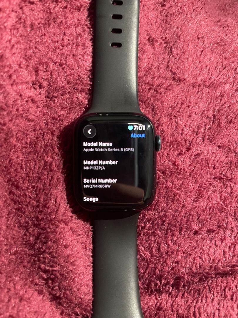 Apple Watch Series 8 (GPS) (Category: Wearables & Smart Watches) located in Caloocan City. Submitted by dragnia (Listing ID 1460626883, Image 2). Description: - Apple Watch Series 8 (GPS) - Model: MNP13Z/A - Serial Number: MVQ7MR66RW - Color: Black band - Features: Great for fitness tracking and staying connected - Condition: Screen is bright and clear -32 gb storage - Reason for Selling: Upgraded to a new model.