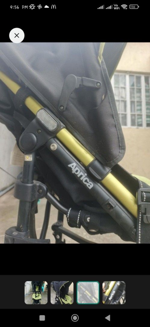 Aprica Stroller (Category: Strollers) located in Bacoor. Submitted by kiahs_closets18 (Listing ID 1460663038, Image 3). Description: - Aprica stroller in green and black - Lightweight and easy to maneuver - Features a sun protection canopy - Adjustable harness for child's safety - Folds compactly for convenient storage - Ideal for everyday outings.