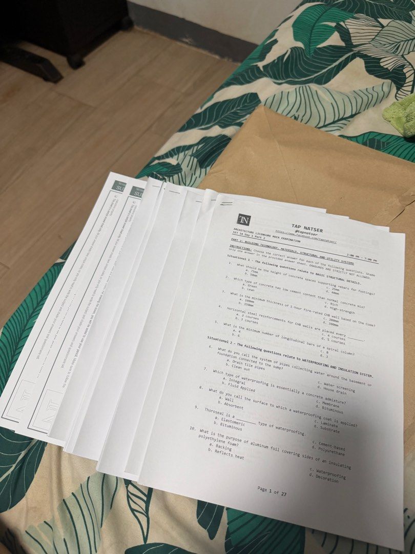 Architecture Licensure Mock Exam Papers/reviewers (Category: Textbooks) located in Navotas City. Submitted by thrifty.16 (Listing ID 1460643342, Image 1). Description: - Mock examination papers for Architecture Licensure - ALE coverage (AM, PM and Design) - used only once during my boards (will not use anymore) - with free answer sheet for practice .