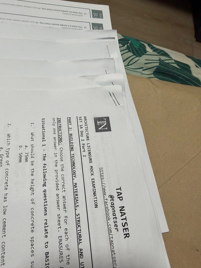 Architecture Licensure Mock Exam Papers/reviewers (Category: Textbooks) located in Navotas City. Submitted by thrifty.16 (Listing ID 1460643342, Image 2). Description: - Mock examination papers for Architecture Licensure - ALE coverage (AM, PM and Design) - used only once during my boards (will not use anymore) - with free answer sheet for practice .