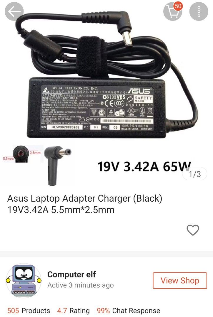 Asus 65W AC Adapter 19V 3.42A (Category: Chargers) located in Manila. Submitted by dcdcdcd (Listing ID 1460713456, Image 2). Description: FOR FREE Reason:Space and never used. Can pass as Brand New since its only used once and never again. Lalamove and Gcash Buyer will book.