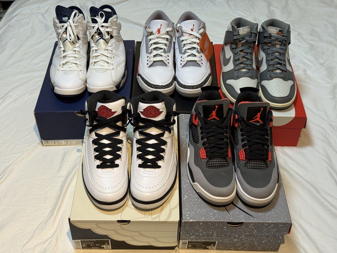 Authentic Nike Jordan Collection As Pack Only (Category: Sneakers) located in Quezon City. Submitted by declutter-man (Listing ID 1460654276, Image 1). Description: Jordan 2 Chicago US8.5 BNDS Jordan 3 Fire Red US9 VNDS Jordan 4 Infrared US9 PADS Jordan 6 Midnight Navy US9 VNDS Nike Dunk High Light Bone US9 VNDS AS PACK ONLY All pairs are authentic. Loc: Banawe, QC.