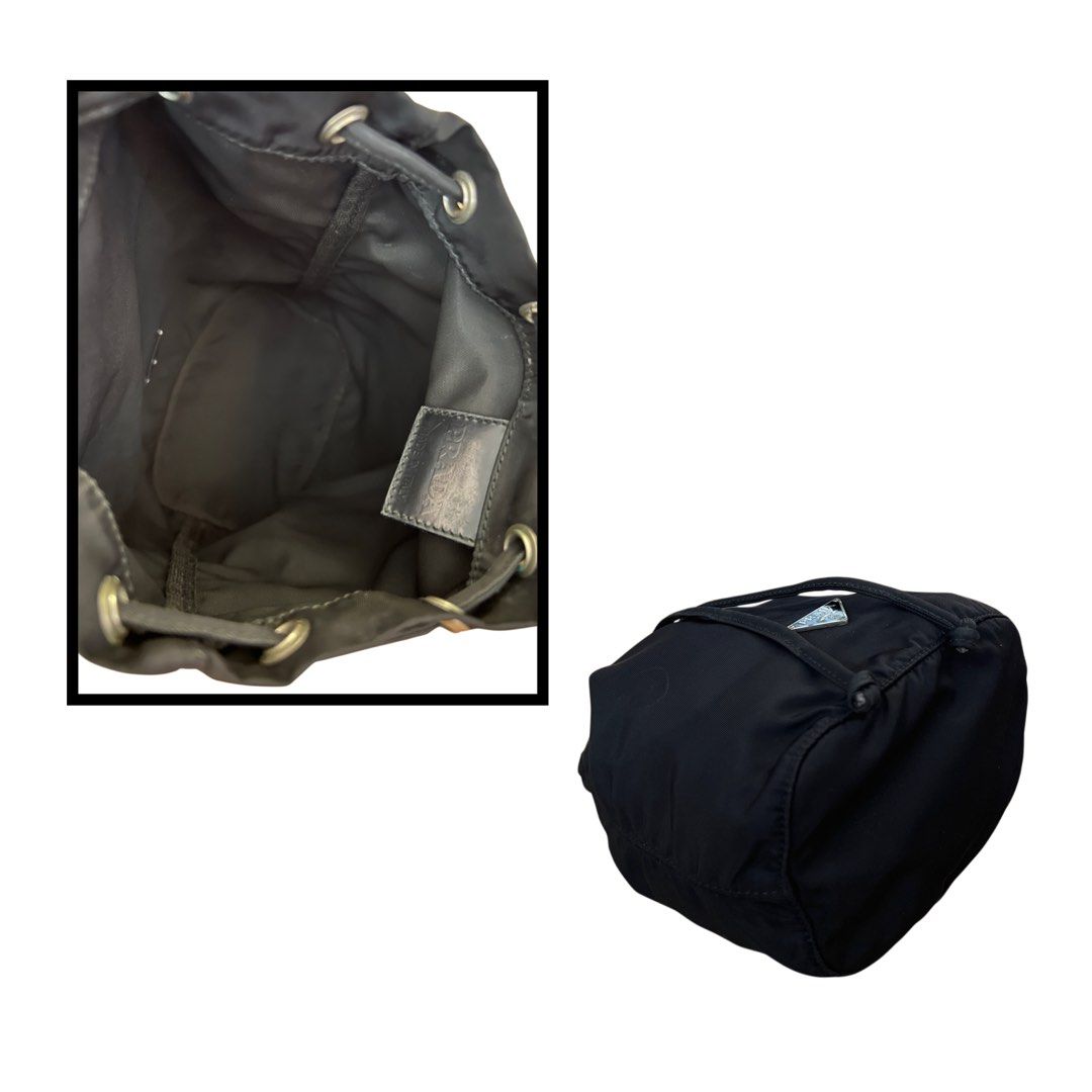 AUTHENTIC PRADA TESSUTO NYLON DRAWSTRING POUCH IN COLOR BLACK (Category: Luxury Bags & Wallets) located in Cavite. Submitted by charmscloset888 (Listing ID 1460704746, Image 2). Description: Condition: Normal signs of age and use No major flaws to mention.