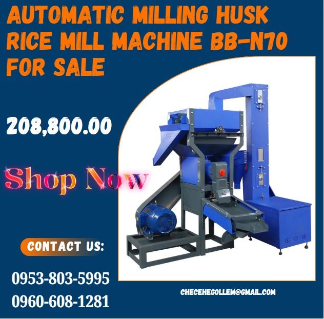 AUTOMATIC MILLING HUSK RICE MILL MACHINE BB-N70 FOR SALE (Category: Industrial Equipment) located in Lapu Lapu. Submitted by purebird.d6b6a1 (Listing ID 1460587189, Image 1). Description: ●Model No: BB-N70 PM+ Elevator ●Capacity: 450kg-600kg/hour ●Power require: 7.5KW (11HP) ●Voltage: 380v ●Gross Weight: 185kg (not include motor) ●Spindle Speed: 2800rpm/min ●Mesh Size: Rice mill sieve 1.3mm, 0.7mm ●Package Size: ●Machine: 820*830*1570mm ●Motor: 5