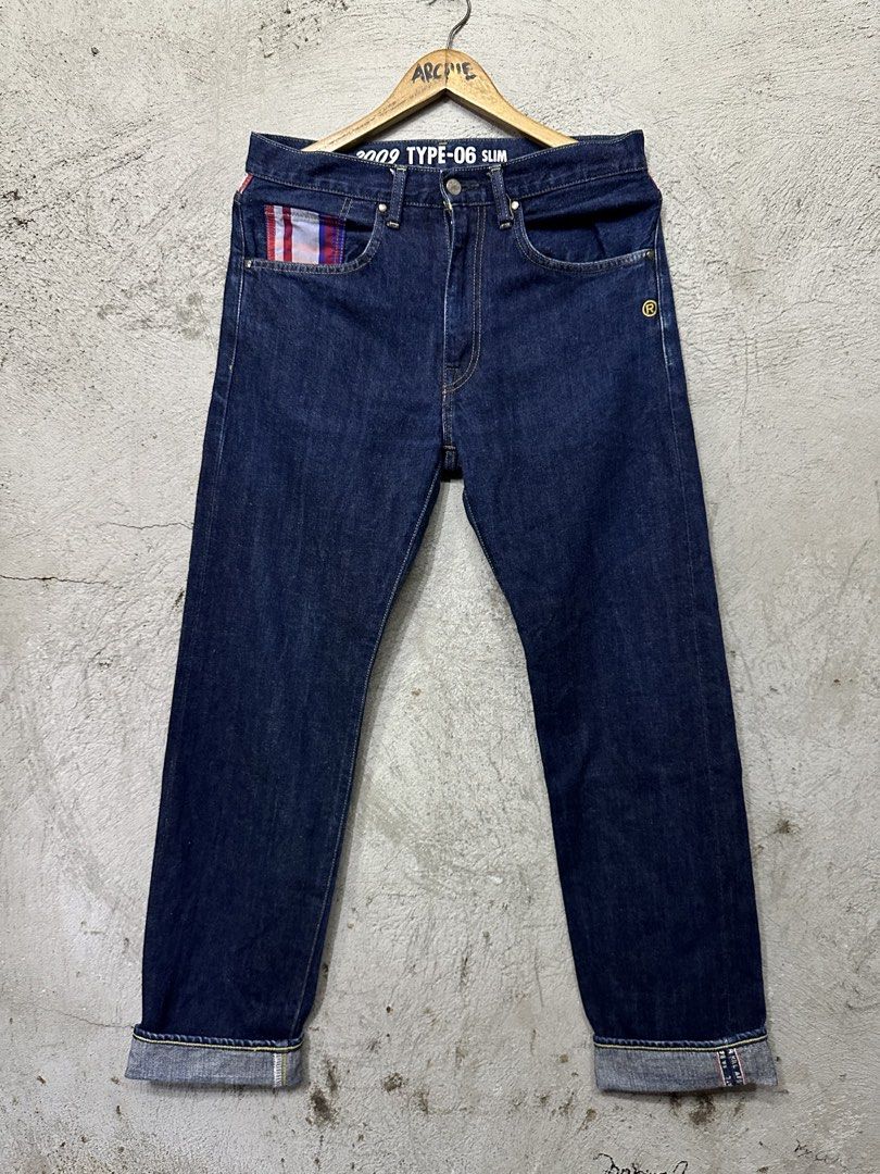 BAPE 2009 Type-06 Slim Jeans Indigo Denim (Category: Jeans) located in Quezon City. Submitted by stre3tw3ar (Listing ID 1460524672, Image 1). Description: - Authentic BAPE Type-06 Jeans - Year: 2009 - Fit: Slim - Wash: Dark Indigo Denim - Special Details: Plaid lining at waistband & pocket trim - Branding: Classic BAPE logo on back pocket - Origin: Made in Japan - Material: Refer to label for details.