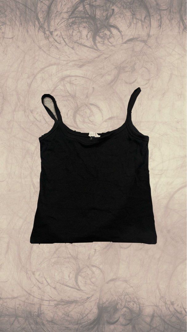 basic black spaghetti strap (Category: Sleeveless) located in Kuala Lumpur. Submitted by lliolita (Listing ID 1423003519, Image 1). Description: - Black ribbed tank top - Spaghetti straps - Comfortable fabric - Perfect for layering or wearing alone - Great for casual outfits.