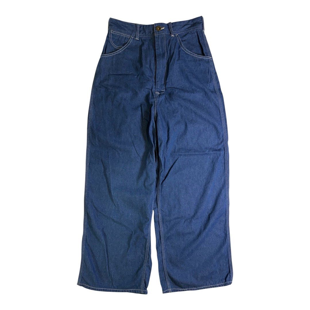 BEAMS BOY Lace-up Work Pants (Category: Jeans) located in Abucay. Submitted by esangbalakalang (Listing ID 1460524313, Image 2). Description: These BEAMS BOY Lace-up Work Pants showcase a distinct wide-leg silhouette heavily inspired by vintage 1930s military deck pants and traditional naval sailor uniforms. Crafted from a mid-weight, deep indigo blue denim, the centerpiece of the design is a prominent, contrast-stitched corset lace-up panel inte
