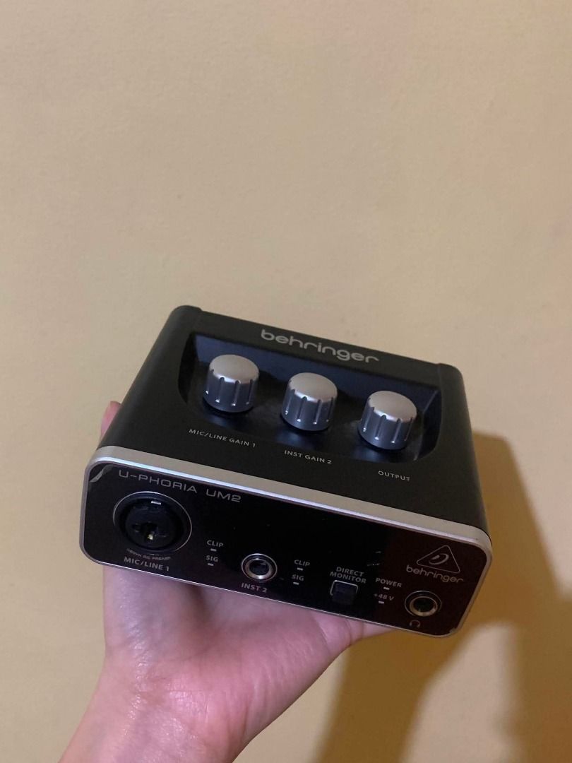 Behringer U-PHORIA UM2 Audio Interface (Category: Other Audio Equipment) located in Limay. Submitted by rustictwist (Listing ID 1460512593, Image 1). Description: Behringer U-PHORIA UM2 audio interface. Two inputs: Mic/Line 1 and Inst 2. Outputs 1 (L) and 2 (R). USB powered. Has +48V phantom power. Direct monitor function. Three knobs for gain and output control. Great for recording. 💰 Price: ₱2800 (NEGOTIABLE) 📦 Shipping: J&T or LBC (NEGOTIABL