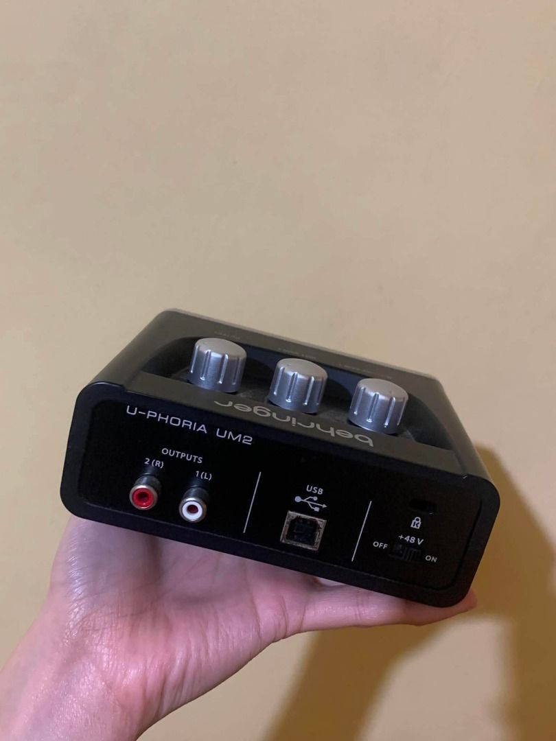 Behringer U-PHORIA UM2 Audio Interface (Category: Other Audio Equipment) located in Limay. Submitted by rustictwist (Listing ID 1460512593, Image 3). Description: Behringer U-PHORIA UM2 audio interface. Two inputs: Mic/Line 1 and Inst 2. Outputs 1 (L) and 2 (R). USB powered. Has +48V phantom power. Direct monitor function. Three knobs for gain and output control. Great for recording. 💰 Price: ₱2800 (NEGOTIABLE) 📦 Shipping: J&T or LBC (NEGOTIABL