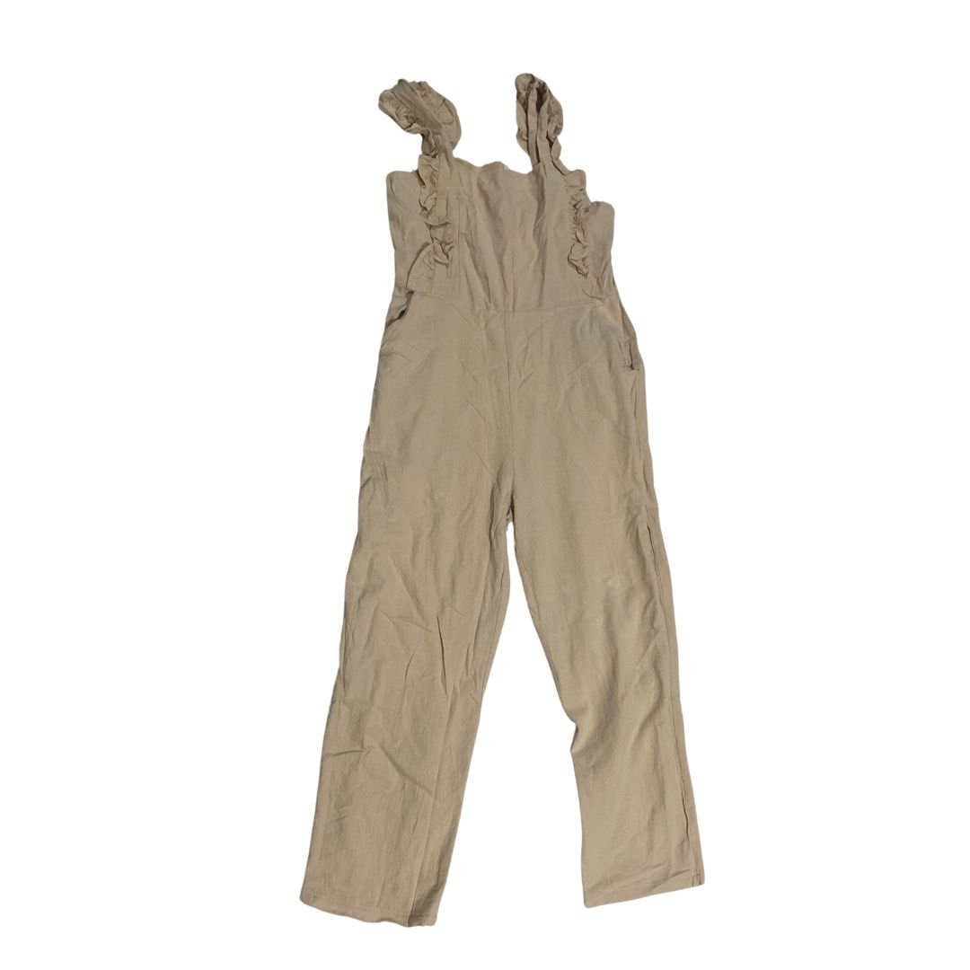 Beige Ruffle Strap Jumpsuit (Category: Jumpsuits) located in Naga. Submitted by clidtw (Listing ID 1460514132, Image 1). Description: - Cute beige jumpsuit - Ruffle straps - Wide leg style - Side pockets - Linen or linen-blend material - Ideal for casual days or beach trips.