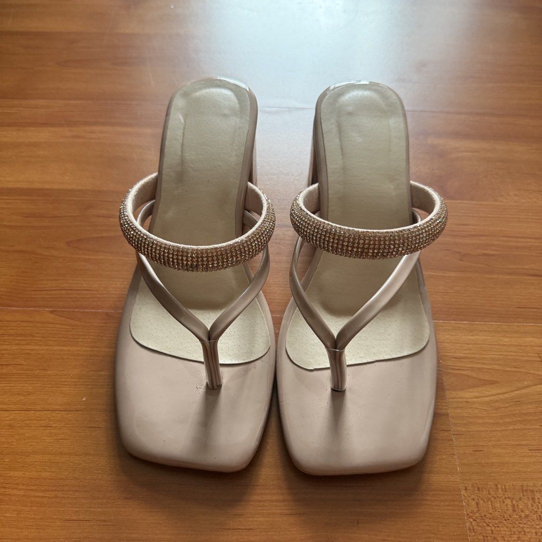 Beige Square Toe Rhinestone Strap Block Heels Sandals (Category: Heels) located in Makati City. Submitted by noblecrystal_34a423 (Listing ID 1460536645, Image 2). Description: - Stylish beige heeled sandals - Trendy square toe design - Comfortable thong strap with dazzling rhinestones - Stable and comfortable block heel - Effortless slip-on style - Perfect for dressing up casual or formal outfits - worn once.