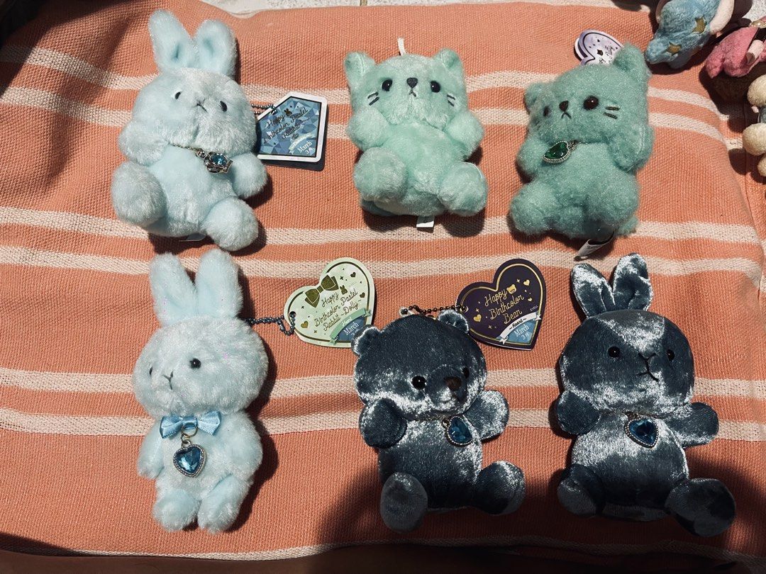 Birthday bear,cat,rabbit 100each (Category: Plushies & Soft Toys) located in Muntinlupa City. Submitted by wgesez5uji (Listing ID 1460531766, Image 1). Description: - Adorable plushie keychains - Available characters: Bunnies, Bears, Cats - Colors: Blue, Mint Green, Dark Grey - Each keychain features a cute charm - Perfect for decorating bags or as a thoughtful gift.