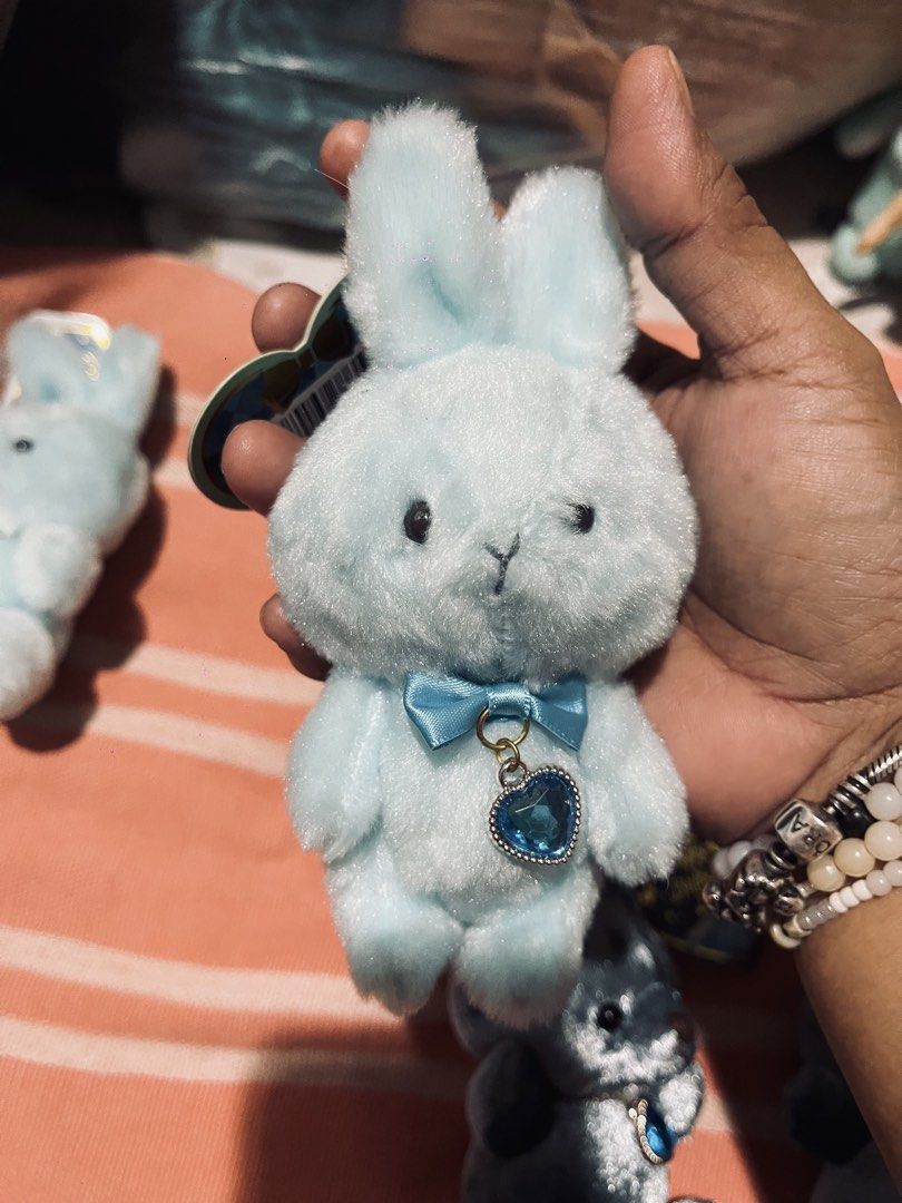 Birthday bear,cat,rabbit 100each (Category: Plushies & Soft Toys) located in Muntinlupa City. Submitted by wgesez5uji (Listing ID 1460531766, Image 2). Description: - Adorable plushie keychains - Available characters: Bunnies, Bears, Cats - Colors: Blue, Mint Green, Dark Grey - Each keychain features a cute charm - Perfect for decorating bags or as a thoughtful gift.