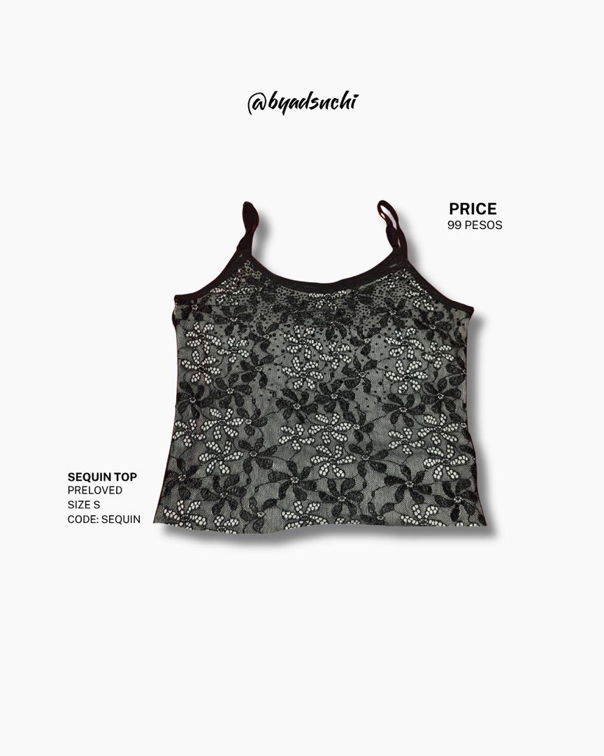 Black Lace Sequin Top Size S (Category: Sleeveless) located in Manila. Submitted by adsnchi (Listing ID 1460529515, Image 1). Description: - Cute black lace top - Size S - Features sequin details - Perfect for layering or wearing on its own - Preloved item.