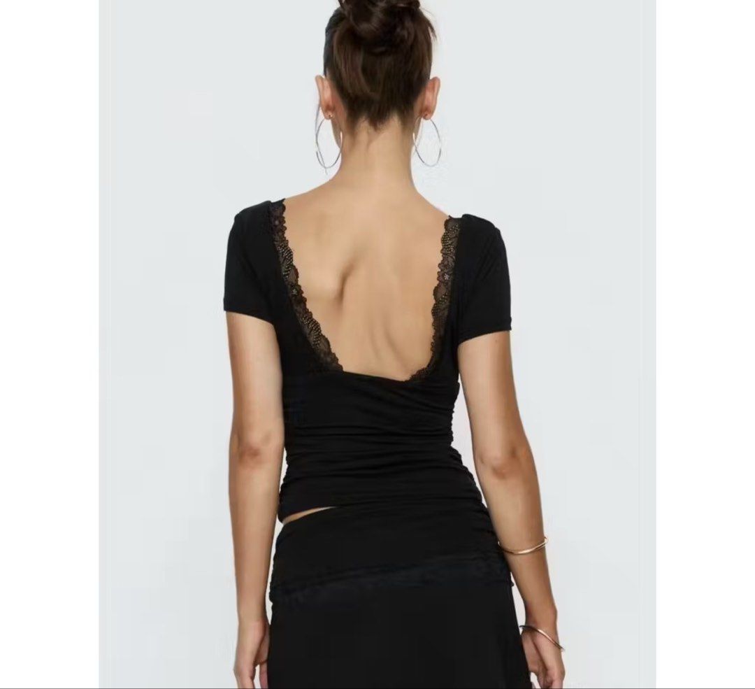Black Lace Trim Ruched V-Neck Top (Category: Blouses) located in Quezon City. Submitted by lovedbymari (Listing ID 1460594372, Image 2). Description: Deep V-neckline with lace trim, worn once only Can fit S-M .