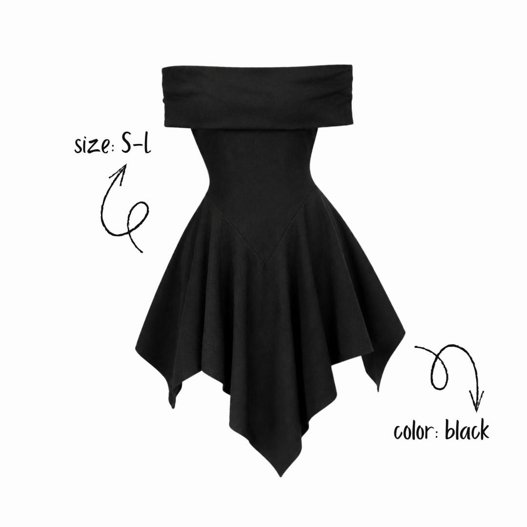 Black Off-Shoulder Asymmetrical Hem Dress (Category: Dresses) located in Manila. Submitted by aly_tgn (Listing ID 1460712768, Image 1). Description: - Elegant black off-shoulder dress - Asymmetrical handkerchief hemline for a stylish touch - Flattering fitted bodice with a flared skirt - Ideal for a night out or any special occasion - Available in sizes S to L.
