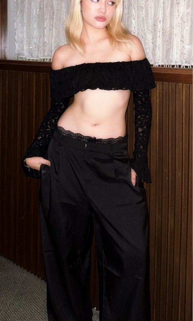 Black Off-Shoulder Lace Crop Top (Category: Sets or Coordinates) located in Manila. Submitted by juenwears (Listing ID 1460707060, Image 1). Description: - Black off-shoulder crop top - Long lace sleeves - High-waisted wide-leg pants - Lace trim detail at the waist - Very chic and stylish outfit - Ideal for night outs or special occasions - Flattering fit, looks amazing.