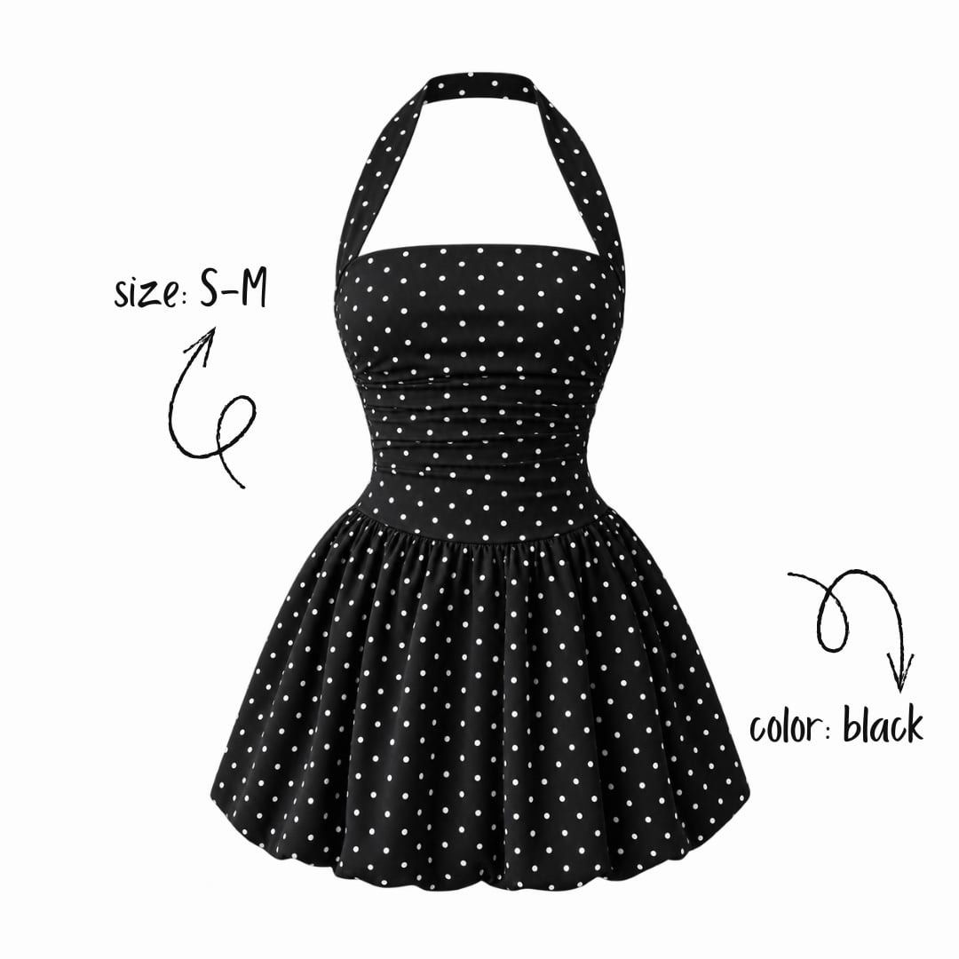 Black Polka Dot Halter Neck Dress (Category: Dresses) located in Manila. Submitted by aly_tgn (Listing ID 1460712770, Image 1). Description: - Adorable black dress with classic white polka dots. - Flattering halter neck design. - Cinched waist for a defined silhouette. - Fun flared skirt for a playful look. - Fits sizes Small to Medium (S-M). - Ideal for parties, events, or achieving a stylish retro aesthetic..