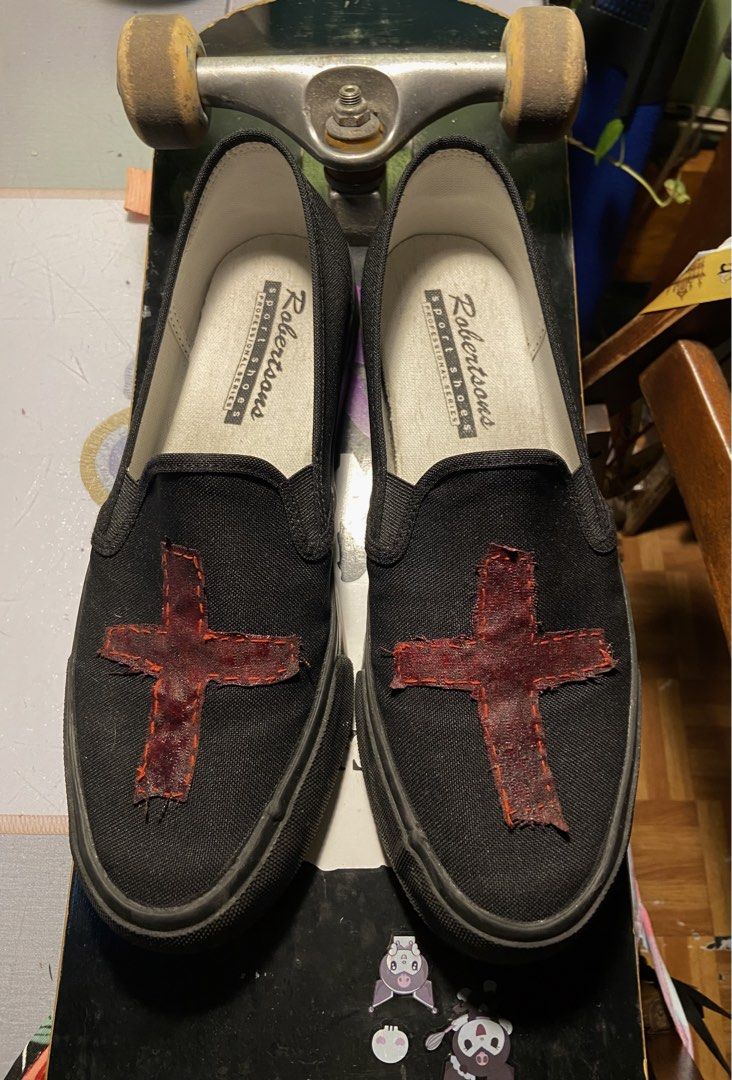 Blood red patchwork cross COMMISSION PIECE (Category: Casual Shoes) located in Makati City. Submitted by ellope (Listing ID 1460702183, Image 2). Description: shoes is going to be brand new from robertsons and the art work hand stitched and made by me !! Dm for more inquiries .