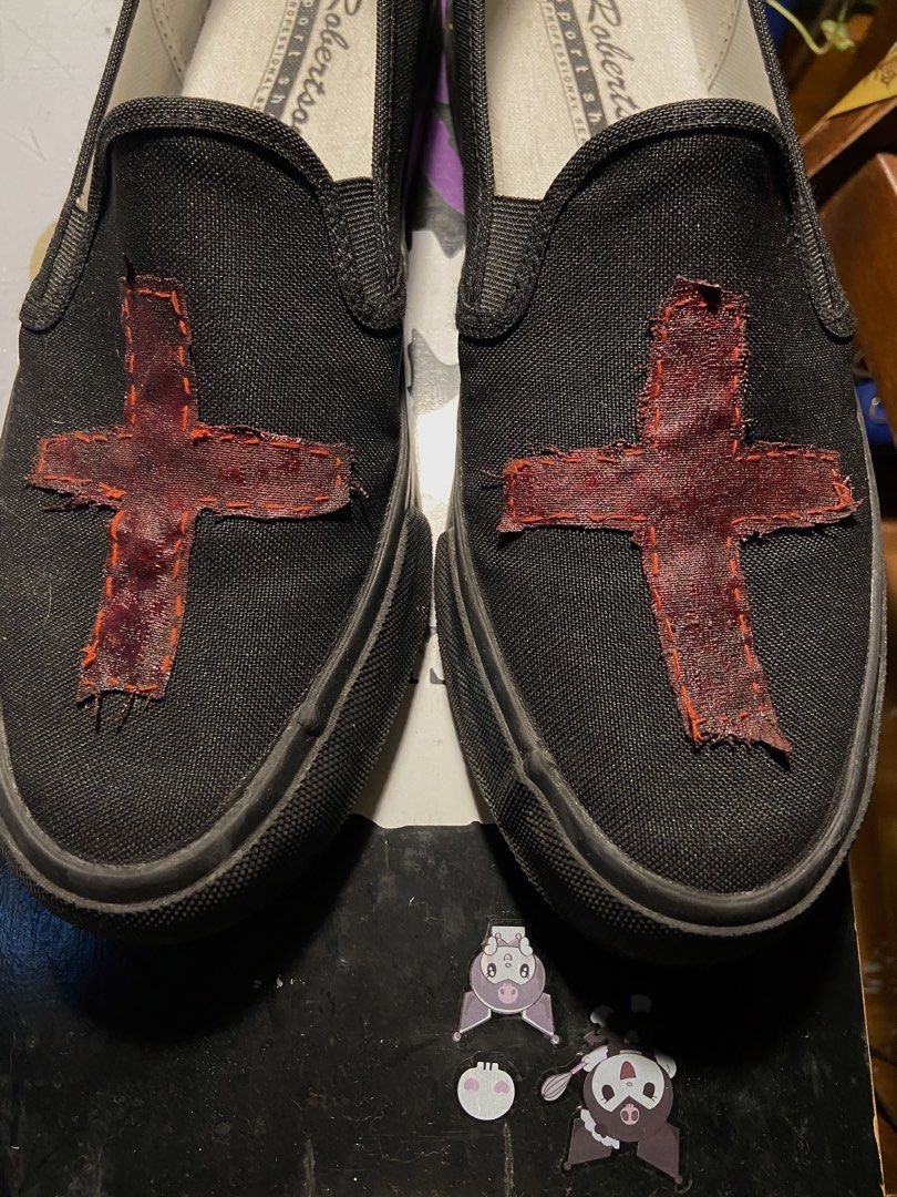 Blood red patchwork cross COMMISSION PIECE (Category: Casual Shoes) located in Makati City. Submitted by ellope (Listing ID 1460702183, Image 3). Description: shoes is going to be brand new from robertsons and the art work hand stitched and made by me !! Dm for more inquiries .