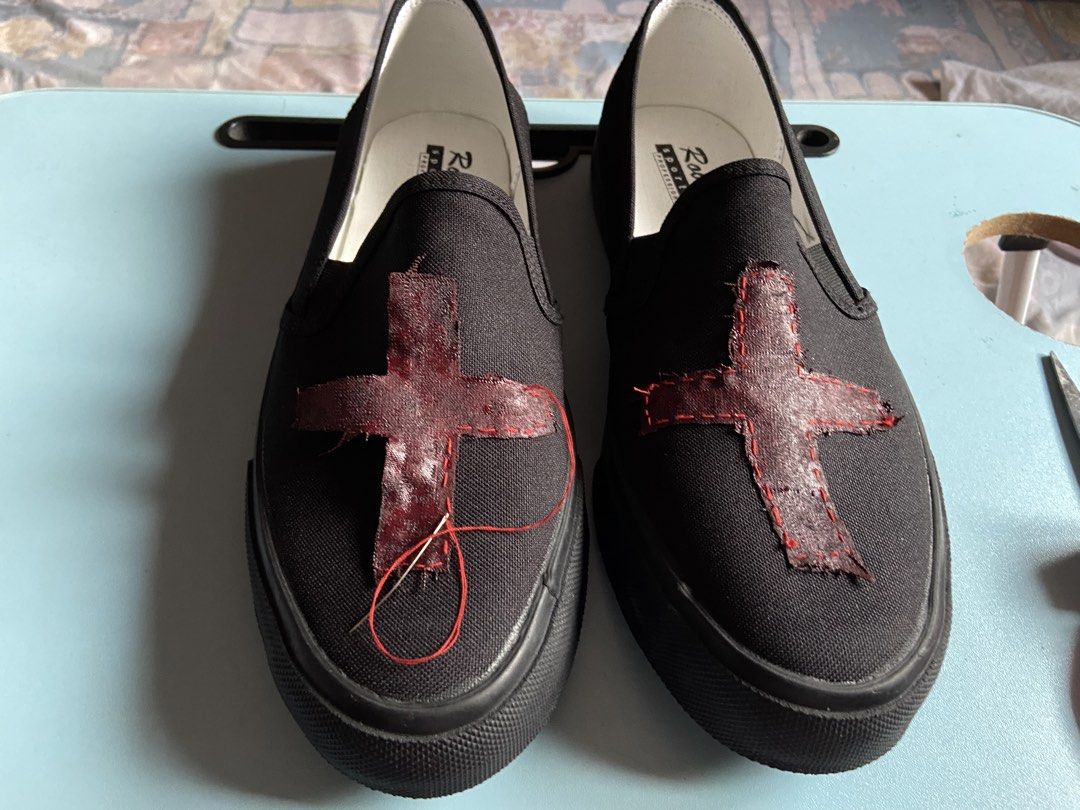 Blood red patchwork cross COMMISSION PIECE (Category: Casual Shoes) located in Makati City. Submitted by ellope (Listing ID 1460702183, Image 1). Description: shoes is going to be brand new from robertsons and the art work hand stitched and made by me !! Dm for more inquiries .