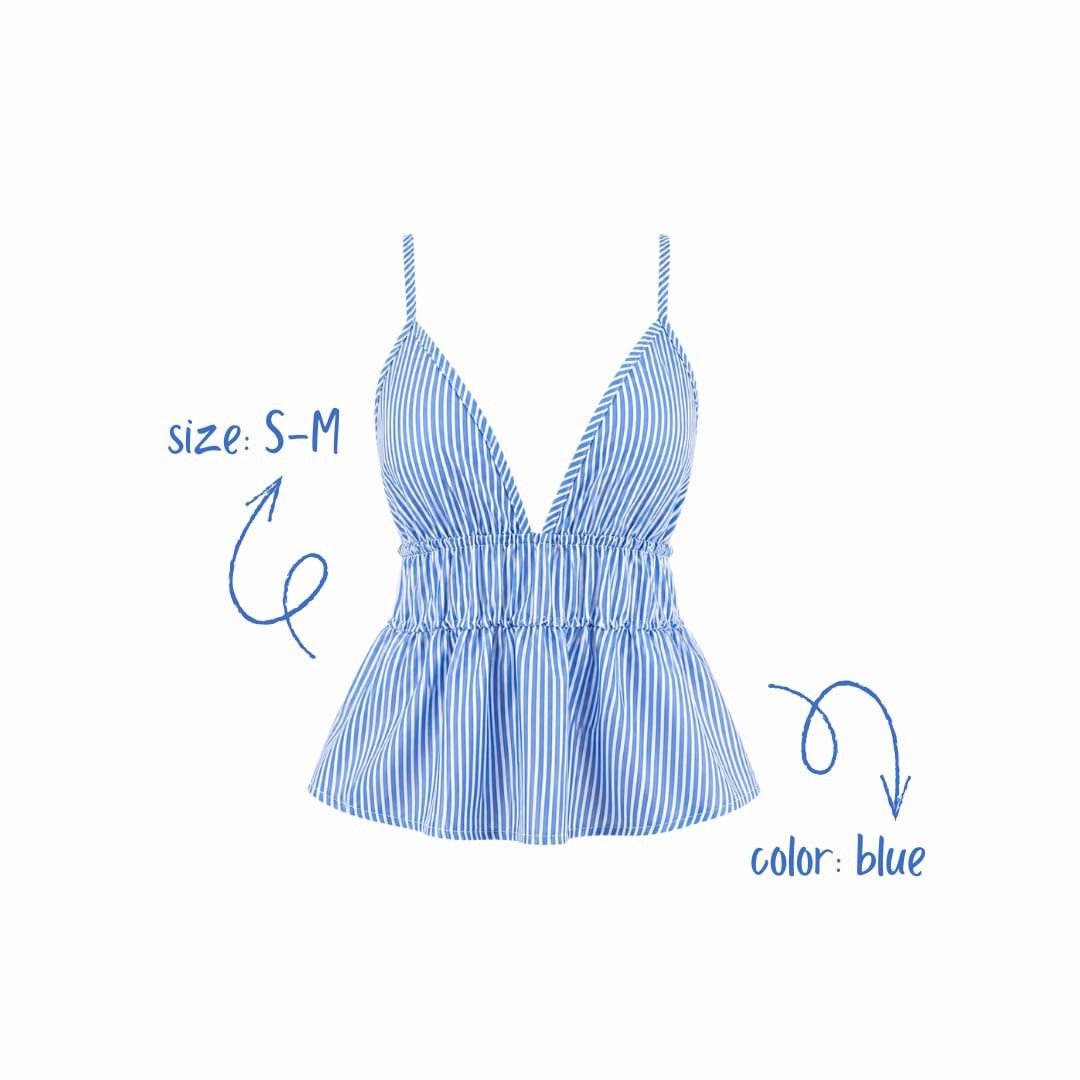 Blue Striped Peplum Top S-M (Category: Sleeveless) located in Manila. Submitted by aly_tgn (Listing ID 1460713291, Image 1). Description: - Adorable blue and white striped peplum top - Flattering V-neck with delicate spaghetti straps - Features a trendy smocked waist for a defined silhouette - Chic peplum hem adds a touch of flair - Versatile: great for casual outings or dressing up - Fits sizes Small to Medium (S-M).