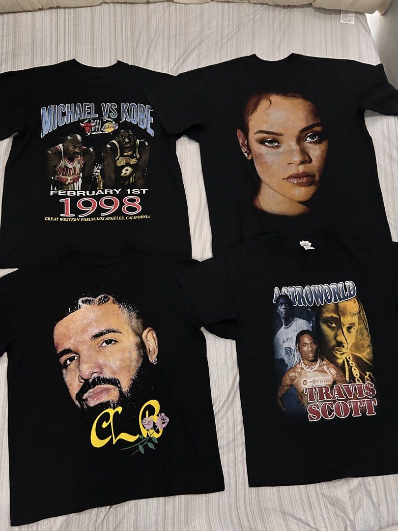 Bootleg Rap Tees (Category: Tshirts & Polo Shirts ) located in Quezon City. Submitted by yaboiraf (Listing ID 1460563064, Image 1). Description: All Bootleg Bought on IG local shops Issue: All slight fade & minimal crack print ₱350 each shirt Travis Scott Tee Size large (21W 28L) Gildan cotton NBA Tee Size medium (22W 28L) Heavyweight cotton Rihanna Tee Size medium (22W 28L) Heavyweight cotton Drake Tee Size medium (22W 28L) Heavyweight cotton La