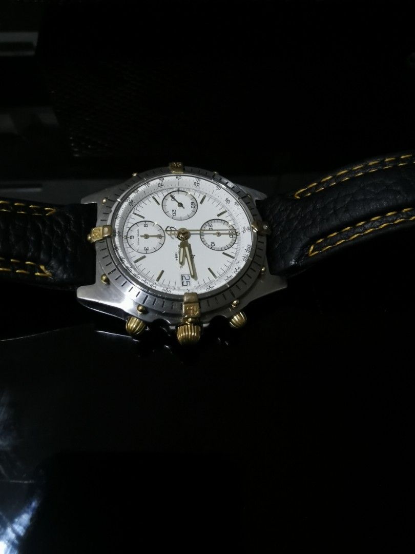 Breitling Chronomat Chronograph Watch (Category: Luxury Watches) located in Mandaluyong City. Submitted by tomfinds (Listing ID 1460542994, Image 2). Description: Breitling Chronomat Authentic Automatic All functions working White Dial Gold Hour Markers With 3 Bracelets (Original rubber in used condition, after market leather and SS 2-Tone bands) Asking Price: 105k negotiable to sure buyers.....may consider trade with other items. DM for more det
