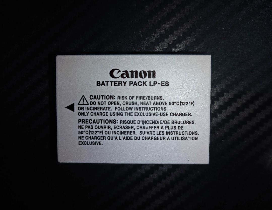 Canon LP-E8 Rechargeable Battery (Category: Camera Bags & Carriers) located in Marikina City. Submitted by kristianity-ph (Listing ID 1460557608, Image 2). Description: Canon LP-E8 Battery — Like New, No Issues Available: 6pcs ₱900 each Selling my Canon LP-E8 rechargeable battery. Like new condition with no issues and fully functional. Compatible with selected Canon EOS DSLR cameras that use the LP-E8 battery. Ideal as a spare or replacement batt