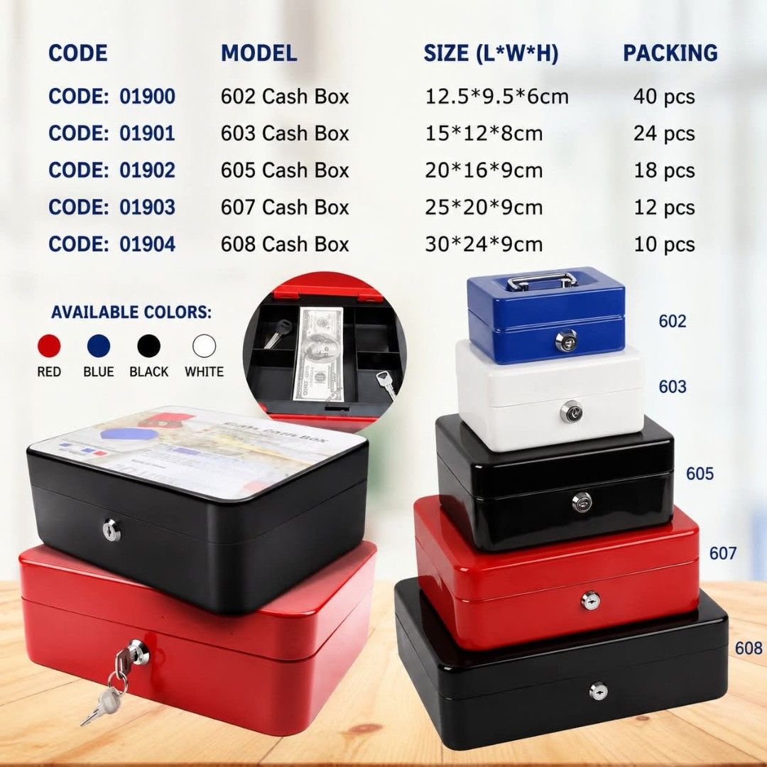 Cash Box / Jewelry Accessories Box (Category: Accessory Holder, Box & Organizers) located in Manila. Submitted by kent_kurtonlineshop (Listing ID 1460645356, Image 1). Description: CASH BOX 5 size avaliable assorted color code： 602-180p 603-210p 605-300p 607-360p 608-420p.