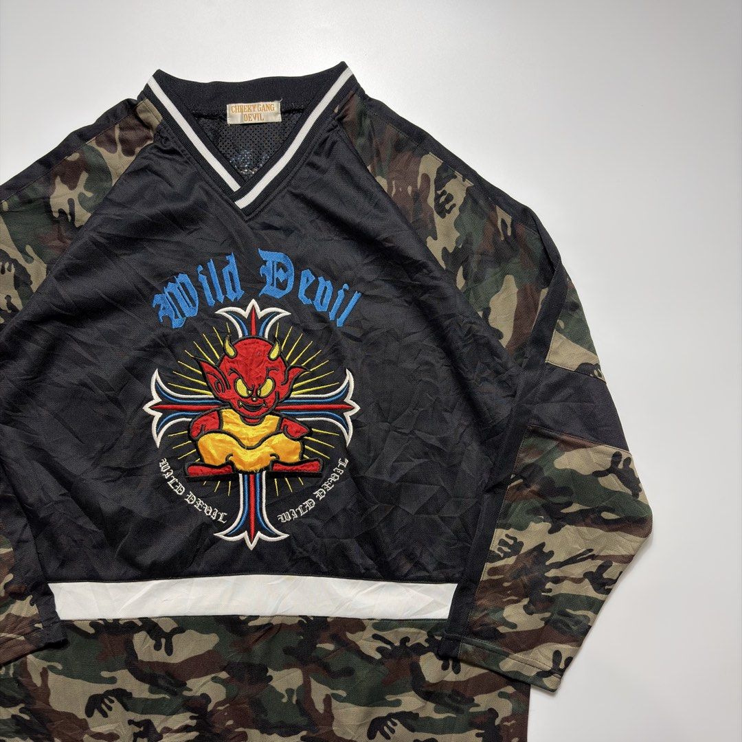 Cheeky Gang Devil Long Sleeve Jersey (Category: Coats, Jackets and Outerwear) located in Makati City. Submitted by tulakngdamit.ph (Listing ID 1460621056, Image 2). Description: WTS! Cheeky Gang Devil Camo Jersey Width: 23 Inches Length: 30 Inches Excellent.