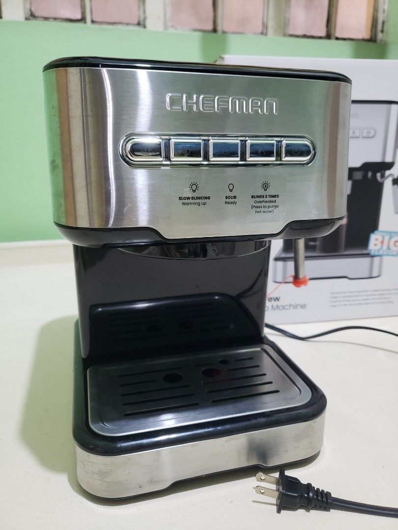 Chefman Easy-Brew Espresso Machine 120volts (Category: Coffee Machines & Makers) located in Navotas City. Submitted by miloklo (Listing ID 1454772214, Image 3). Description: - Brand: Chefman - 120volts po ito since sa US binili - Brew delicious espresso, cappuccinos, and lattes at home. - Features easy one-touch operation for convenience. - Stylish stainless-steel finish complements any kitchen. - Compact design saves counter space. - Comes with 
