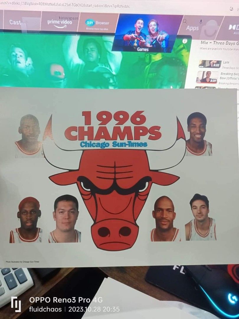 Chicago Bulls 1996 Champs & More Posters (Category: Caps & Hats) located in Davao. Submitted by gretchenal19856 (Listing ID 1460608813, Image 1). Description: - Collection of Chicago Bulls posters - Features the iconic 1996 Championship team with Michael Jordan and Dennis Rodman - Includes a 'Dynamic Duel' poster showcasing Michael Jordan vs. Shaquille O'Neal - Celebrates the 'Go For 4' championship rings - Additional '70' poster included - A mus